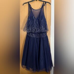 Teeze Me Navy Blue Formal Dress with Lace Overlay